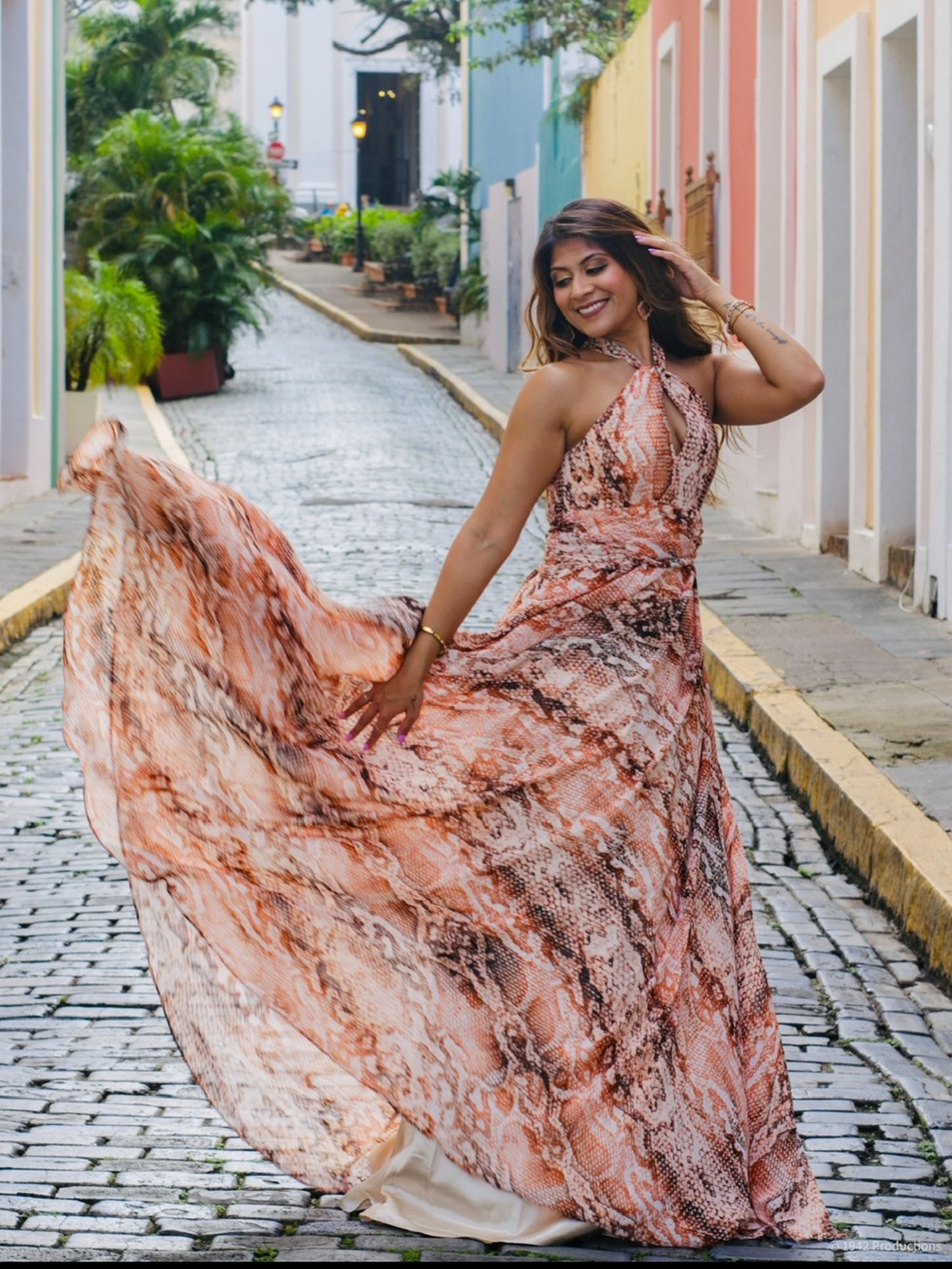 Calvin Klein Peach Snake-Print Halter Maxi Dress